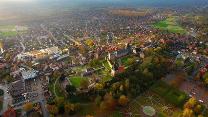 	
Aerial view around the old town of the city  Bad Bentheim  in Germany on a cloudy day in autumn	
