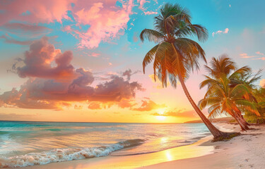 Tropical beach with palm trees at sunset in the Caribbean, bathed in the golden light of the sun and orange sky with clouds. Caribbean island Barbados