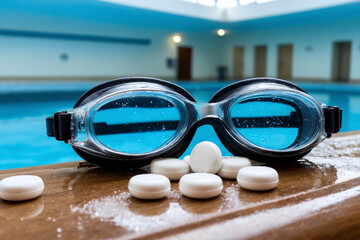 A pair of wet swimming goggles with some pills by the side on a bench in an indoor pool. Concept of doping in competitive swimming, the use of performance enhancing drugs and substances in sports.