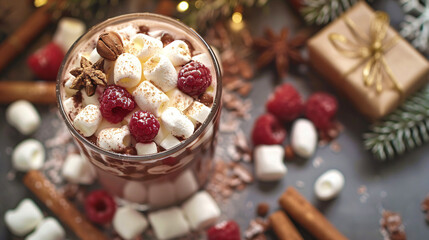 closeup of a glass with hot chocolate and marshmallows, raspberries, christmas feeling, from above, cinnamon sticks