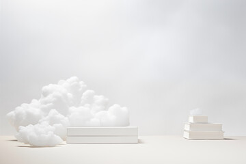 White Stage Background with Artificial Clouds and White Boxes. Theatrical Setting Evoking Dreamlike Atmosphere and Surreal Ambiance. Perfect for Product Displays, Performances, or Creative