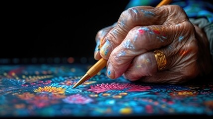 Obraz premium The hands of an elderly person artistically engaged in painting, with colorful paint stains showcasing a lifetime of creativity.