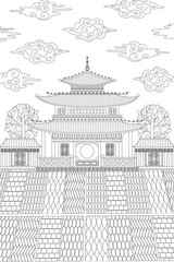 coloring book page for adult and children. ancient asian town. c