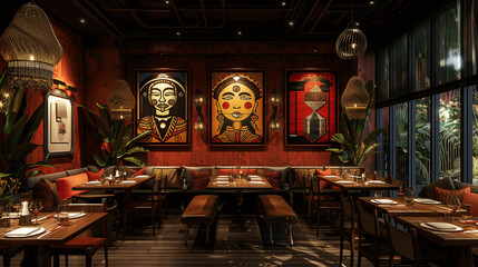 Fototapeta na wymiar Elegant Ethnic-Themed Restaurant Interior at Night
