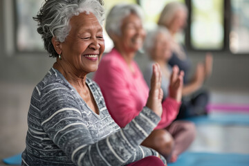 Happy elderly women with diverse backgrounds practicing yoga poses, sharing smiles and wellness