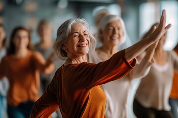 Joyful elderly women participate in a dance lesson, sharing laughter and activity - obrazy, fototapety, plakaty
