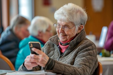 Joyful elderly lady enjoys technology among friends in a warm indoor setting