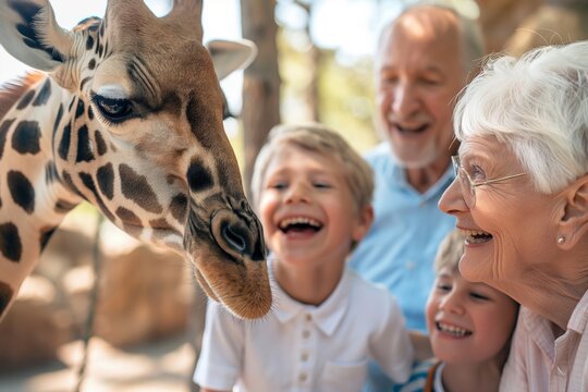 Happy grandparents and grandchildren enjoy an encounter with a giraffe on a sunny day