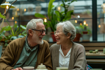 Joyful elderly pair sharing a warm moment over coffee amidst lush plants