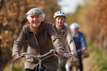 Elderly woman with a smile rides a bicycle, accompanied by friends on a sunny day - Powered by Adobe