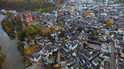 	
Aerial view around the old town of the city  Limburg in Germany on a cloudy day in autumn	
