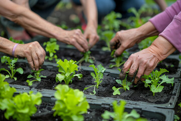 Multiethnic senior and middle-aged adults engaging in a communal community gardening activity. Planting organic vegetables in garden beds using teamwork and cooperation - obrazy, fototapety, plakaty