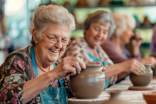 Elderly women laughing while shaping clay pots in a ceramics workshop