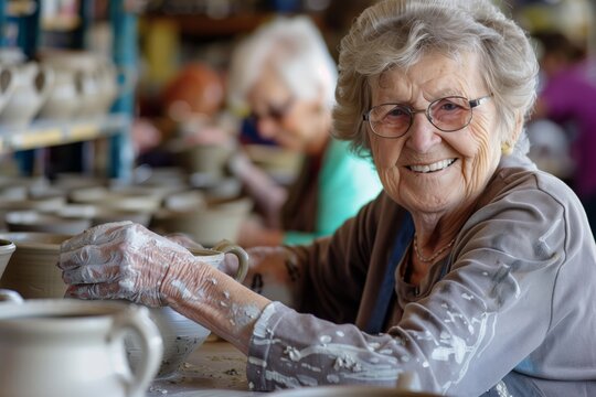 Cheerful elderly woman shaping clay in a pottery class with others - Powered by Adobe