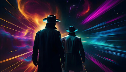 A person in a sleek black suit standing in front of a swirling vortex in outer space