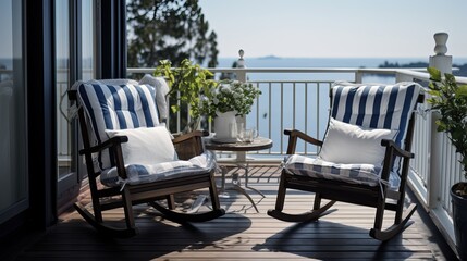 Seaside Relaxation: Wooden Rocking Chairs on Terrace - obrazy, fototapety, plakaty