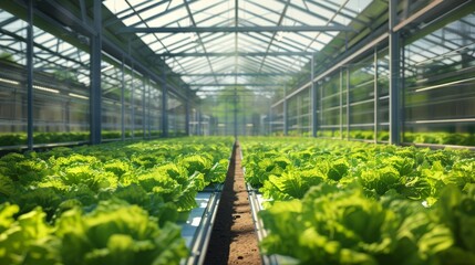 Large industrial greenhouse with fresh natural plants. Concept of growing healthy food, diet, vegetarianism and technology  - obrazy, fototapety, plakaty