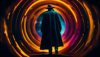 A figure in black standing in front of a swirling wormhole in outer space, with a dark and mysterious atmosphere.