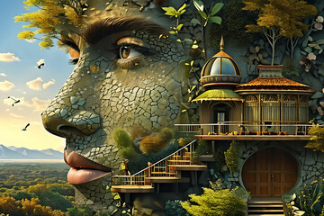 a house with a forest god - obrazy, fototapety, plakaty