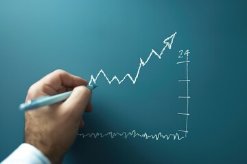 business planning and strategy. Businessman draw growth graph and progress of business and analyzing financial and investment data ,business planning and strategy on blue background
