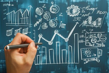 Fototapeta premium business planning and strategy. Businessman draw growth graph and progress of business and analyzing financial and investment data ,business planning and strategy on blue background