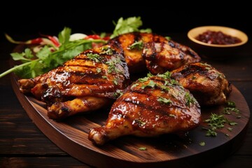 grilled chicken served on wooden board with dark background