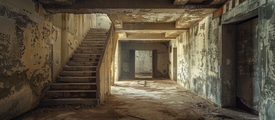 Fototapeta na wymiar Abandoned military bunker interior with eerie post-apocalyptic atmosphere.