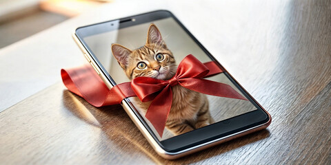 smartphone, gift, bow, cat, screensaver