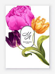 Luxury Wedding Save the Date Invitation with realistic tulip and peony flowers. Vector hand drawing fashion cover, graphic poster, geometric frame floral brochure, design template. Place for text 