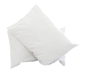 Two white pillows with cases after guest's use in hotel or resort room isolated with clipping path in png file format