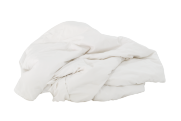 White crumpled blanket ball or bedclothes in hotel room leaved untidy and dirty after guest's use over night isolated  with clipping path in png file format