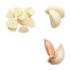 Top view set of peeled and unpeeled garlic cloves with slices in stack isolated with clipping path in png file format