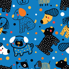 Cute doggie. Funny children's seamless pattern. Can be used in textile industry, paper, background, scrapbooking.Vector. - 759811938