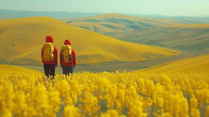 man and a woman in a canola field in spring created by ai
