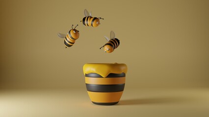 Cute 3d little bee flying with yellow background