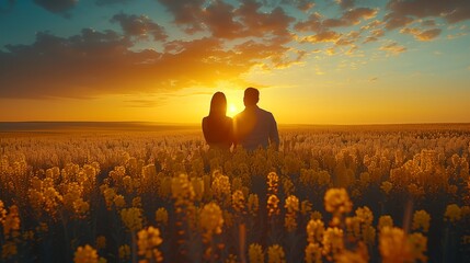 man and a woman in a canola field in spring created by ai