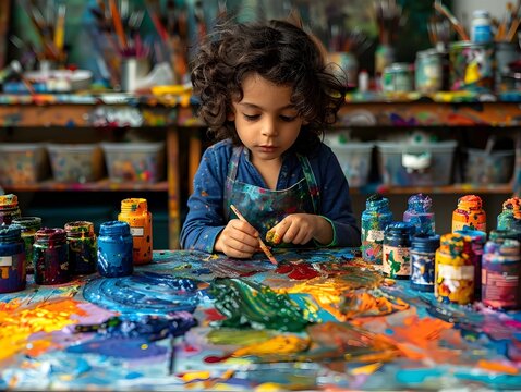 A young boy is painting on a table with many different colors of paint