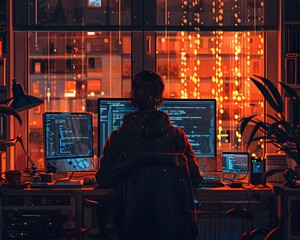 A hacker is sitting at a desk with two computer monitors in front of him