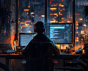 A hacker is sitting at a desk with two computer monitors in front of him