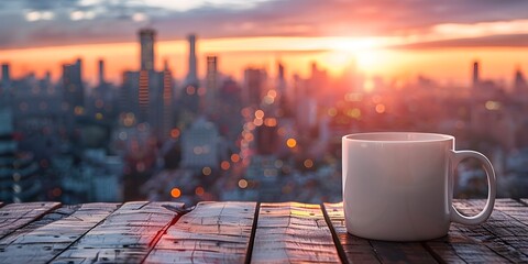 A white coffee cup sits on a wooden table in front of a city skyline