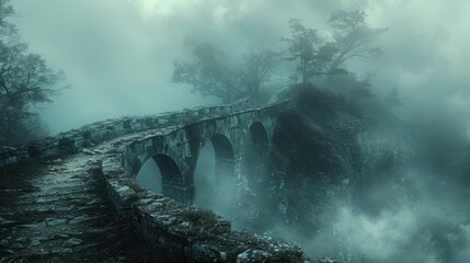An eerie stone bridge with arches disappears into a dense fog within an enigmatic, dark forest...