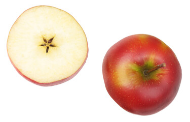 Red apple and slice isolated on a white background, top view