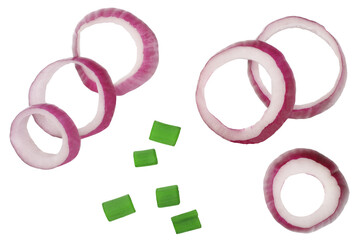 Leek vegetable and sliced red onion isolated on a white background. Top view.