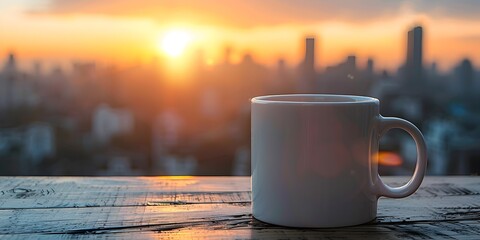 Obraz premium A white coffee cup sits on a wooden table overlooking a city at sunset