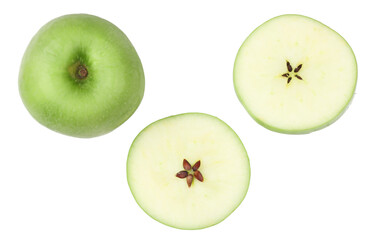 Green apple and slices isolated on a white background, top view