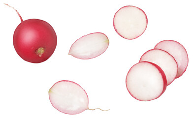 Radish and slices isolated on a white background, top view