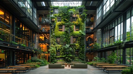 The interior of a contemporary office building featuring a lush vertical garden and comfortable seating areas - Powered by Adobe