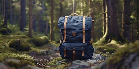 A blue backpack is sitting on the ground in a forest. The backpack is open and the straps are visible. Concept of adventure and exploration - obrazy, fototapety, plakaty