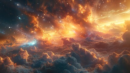 Vivid dramatic cosmic event, with glowing nebulae and stars above a sea of clouds