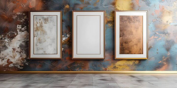 A room with three empty frames on the wall in the center